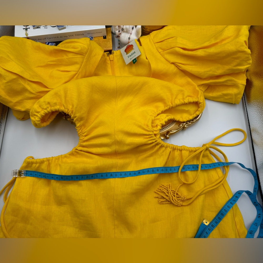 🆕 FARM Rio 🧿 NWOT Linen Cut Out Midi Dress, Yellow - Size XS - Picture 16 of 16
